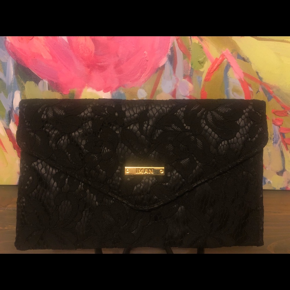 IMAN Black Lace Envelope Clutch Purse Chic
